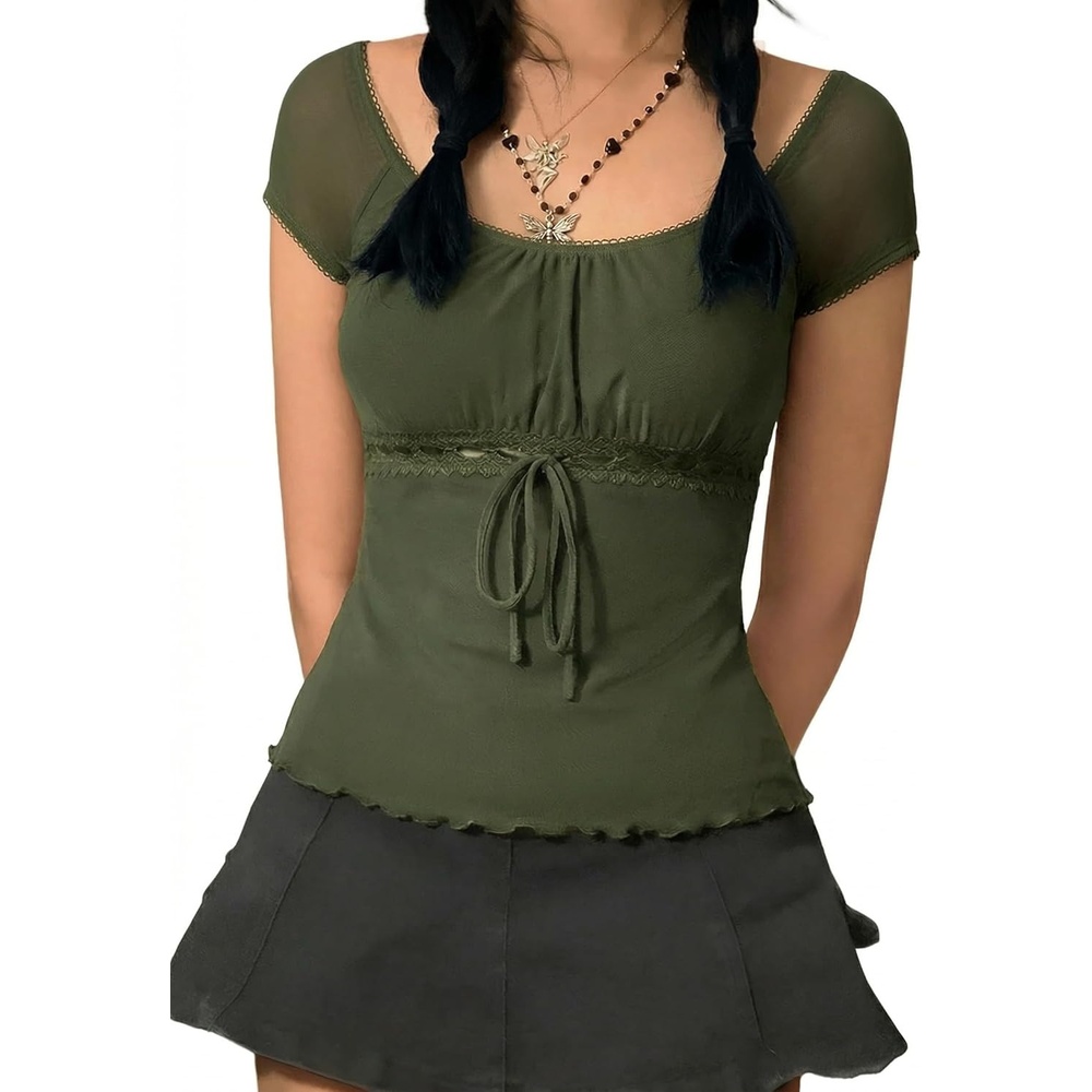 image:imageEMMIOL Y2K Mesh Top Women Babydoll Stretchy Short Sleeve Shirt Scoop Neck Summer Going Out Cute Fairy TopArmy Green