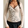 EMMIOL Y2K Fairy Grunge Short Sleeve Shirts for Women Vintage Floral Graphic V Neck Cute Going Out Tops Emo Summer Tee(318-beige)