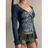 EMMIOL Y2K Fairy Grunge Short Sleeve Shirts for Women Vintage Floral Graphic V Neck Cute Going Out Tops Emo Summer Tee(318-navy Blue)