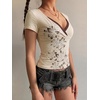 EMMIOL Y2K Fairy Grunge Short Sleeve Shirts for Women Vintage Floral Graphic V Neck Cute Going Out Tops Emo Summer Tee(Apricot-164)