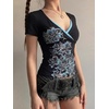 EMMIOL Y2K Fairy Grunge Short Sleeve Shirts for Women Vintage Floral Graphic V Neck Cute Going Out Tops Emo Summer Tee(Black-164)