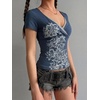EMMIOL Y2K Fairy Grunge Short Sleeve Shirts for Women Vintage Floral Graphic V Neck Cute Going Out Tops Emo Summer Tee(Navy Blue-164)
