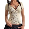 EMMIOL Y2K Fairy Grunge Short Sleeve Shirts for Women Vintage Floral Graphic V Neck Cute Going Out Tops Emo Summer Tee(Apricot-164)